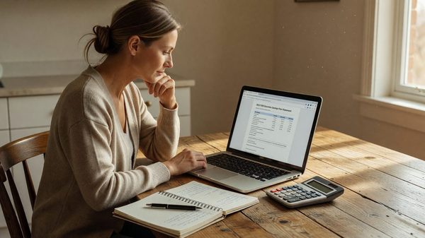 Woman reviewing a 529 education savings account statement at a kitchen table with a laptop