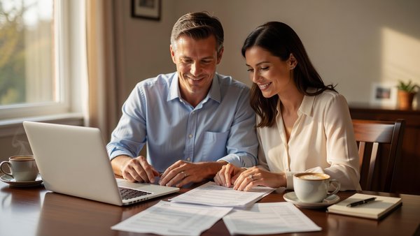 Couple seated at a dining table reviewing account forms together with a laptop, pen, and coffee cups