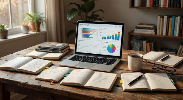 Freelancer woman working on laptop with invoices and budget spreadsheet