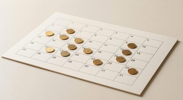 Calendar pages with small dollar amounts marked on monthly intervals