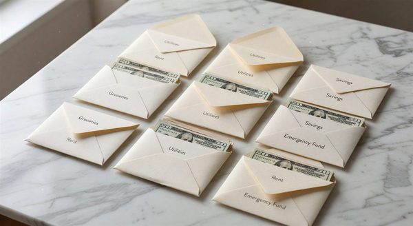 Cash envelopes labeled with budget categories on a wooden table