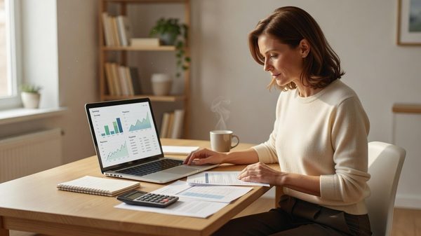 A woman at a desk reviewing savings and credit card statements with a laptop and notebook
