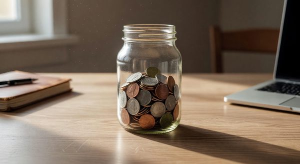 Glass jar filled with cash labeled emergency fund sitting on a kitchen counter