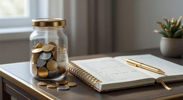 Calculator and savings jar on a desk with a monthly budget worksheet