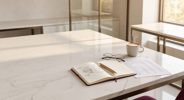Charts and financial documents laid out on a clean desk with a cup of coffee