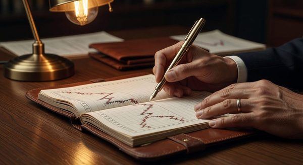 An annual report open on a desk with a calculator and notes