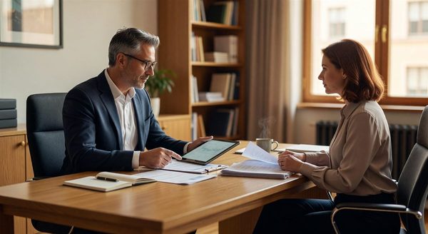 Woman meeting with a financial advisor across a desk reviewing documents