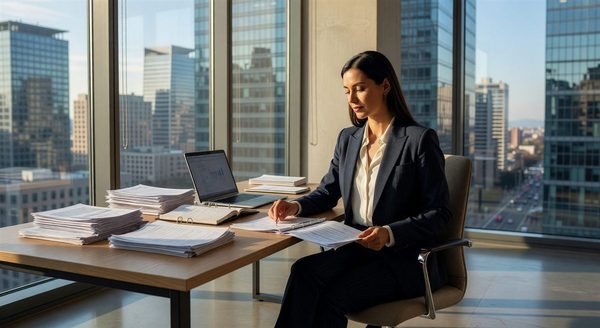 A woman in her 30s reviewing a long-term investment plan at a desk