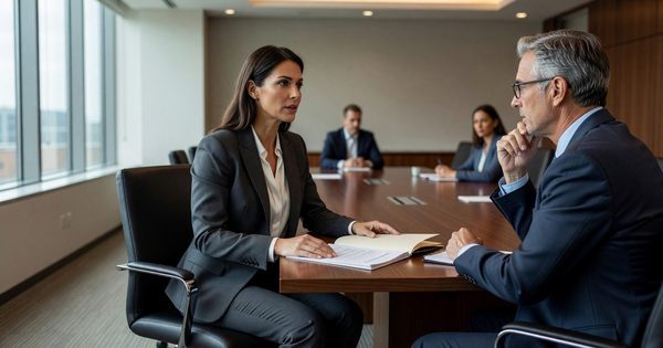 Woman in a professional meeting confidently discussing her compensation with a manager