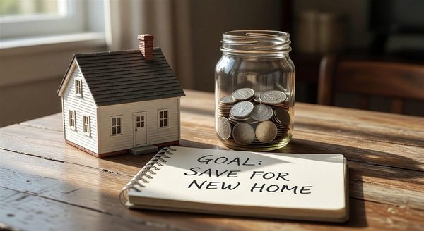 Small wooden house model resting on stacks of coins next to a savings passbook