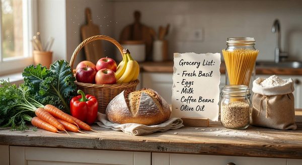 Reusable grocery bag filled with fresh produce and pantry staples on a wooden table