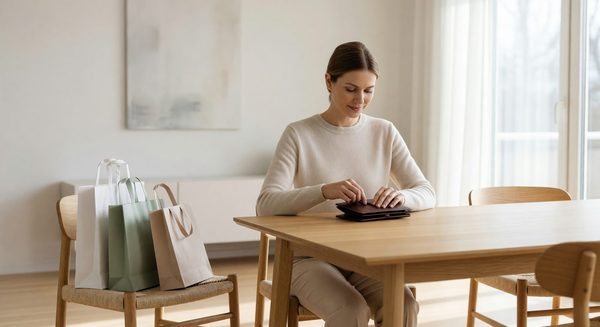 Woman reviewing credit card statements at kitchen table