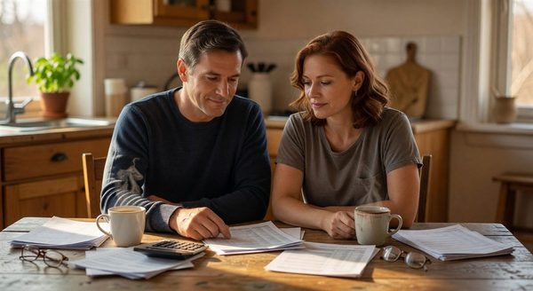 Couple reviewing finances together at a kitchen table with a laptop