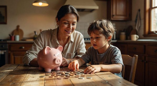 Parent and child counting coins together at a kitchen table