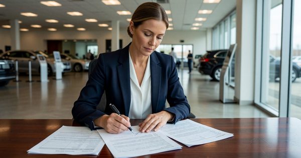 Woman reviewing a car loan contract at a dealership desk, pen in hand