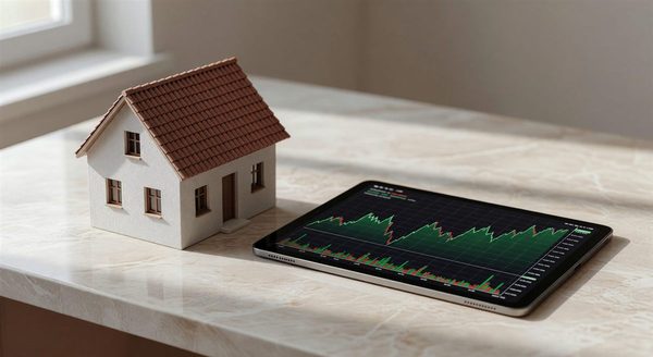 A house key and a stock chart side by side on a desk