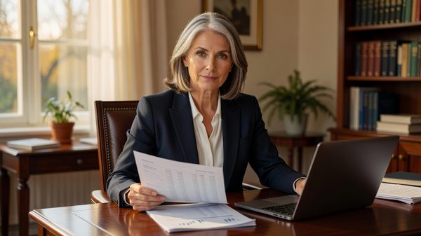 Woman in her fifties reviewing retirement account statements at a desk with a laptop and notepad
