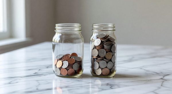 Calendar pages and savings jars representing short-term and long-term financial planning
