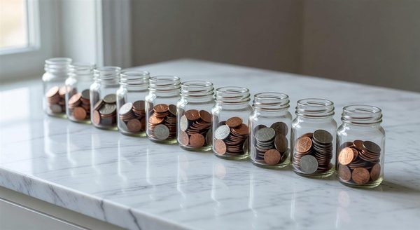 Row of labeled glass jars filled with cash for different savings categories