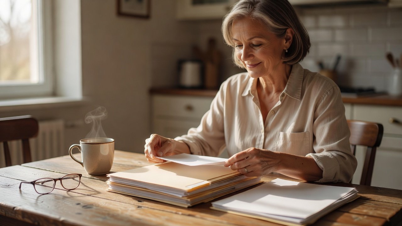 Woman sitting at a kitchen table in morning light organizing paperwork and manila folders beside a cup of tea