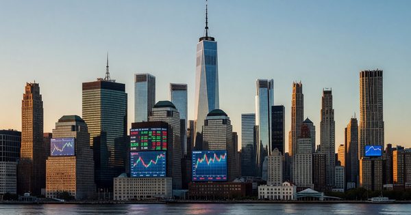 New York City skyline from financial district with stock market displays