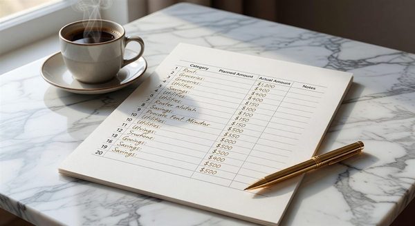 Notebook with handwritten zero-based budget categories and a calculator